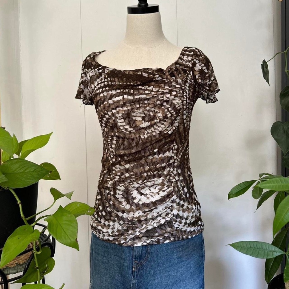 AB Studio Womens Y2K Mesh Lined Brown White Swirl Print Cap Sleeve Top Small